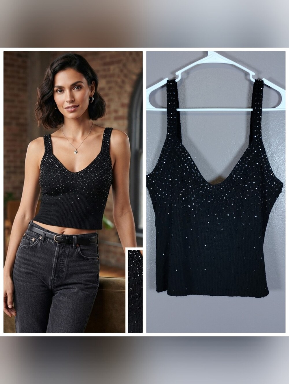 Vintage Stenay Wool Blend Black Sleeveless Sweater Crop Top Beaded Glam Size L